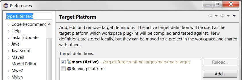 Eclipse Preferences - Switching between targets